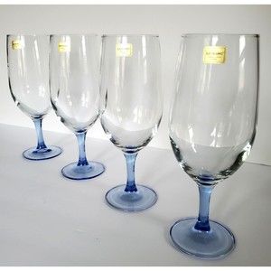 4 Luminarc Blue Stemware Glass Set 14oz Sangria Water Ice Tea Goblets Vtg France